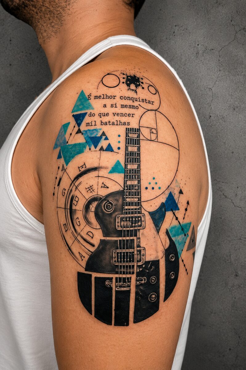 Tatuagem colorida de guitarra com elementos geométricos